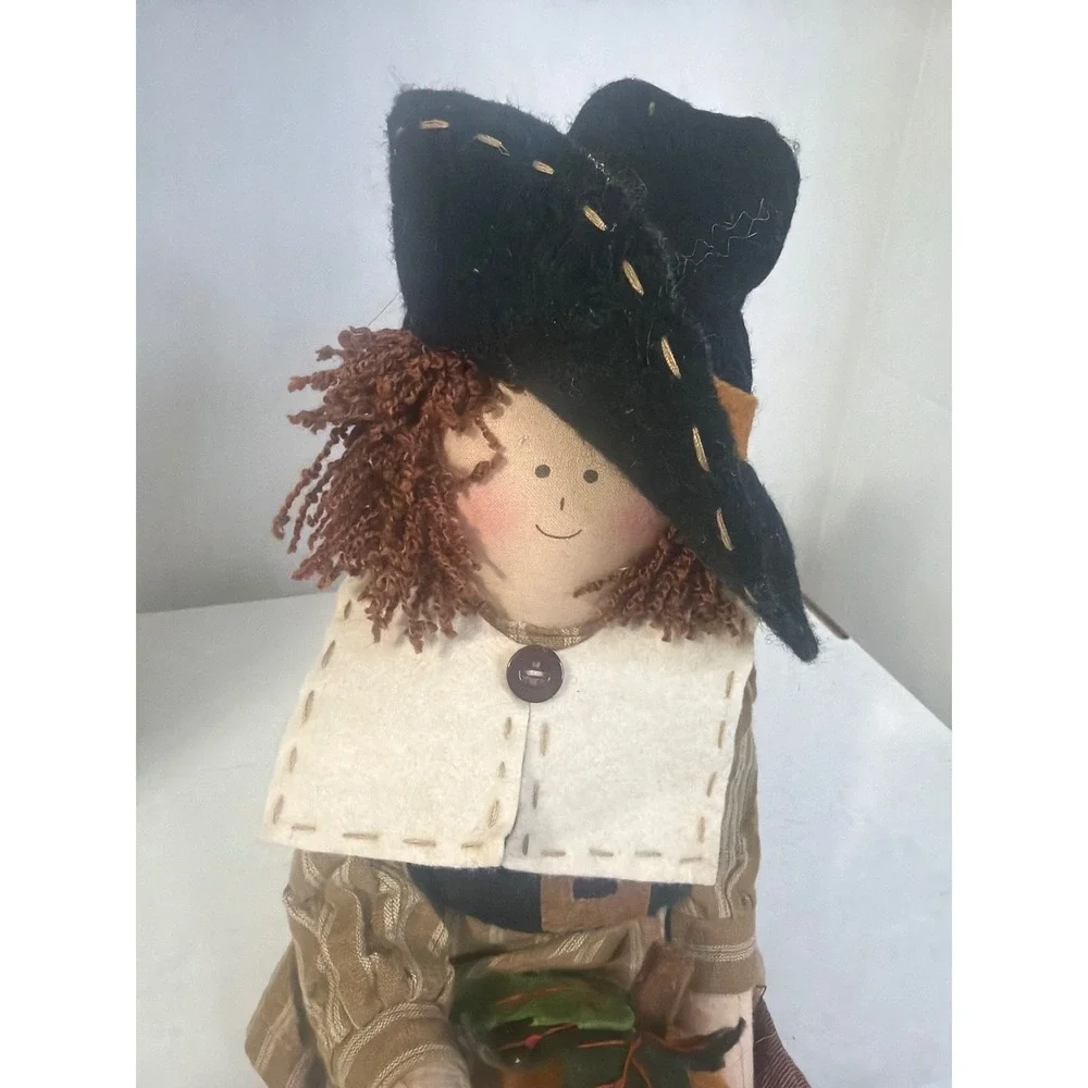 Pilgrim Boy Shelf Sitter Thanksgiving Decor Cloth Doll with Pumpkin 14 Inch